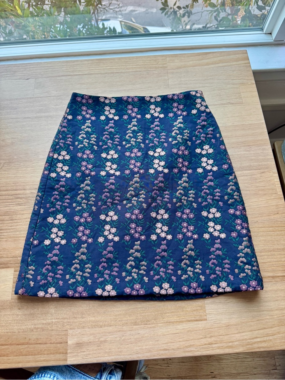 Ann Taylor Navy Mini Skirt with Pink & Purple Floral Jacquard (27” waist)